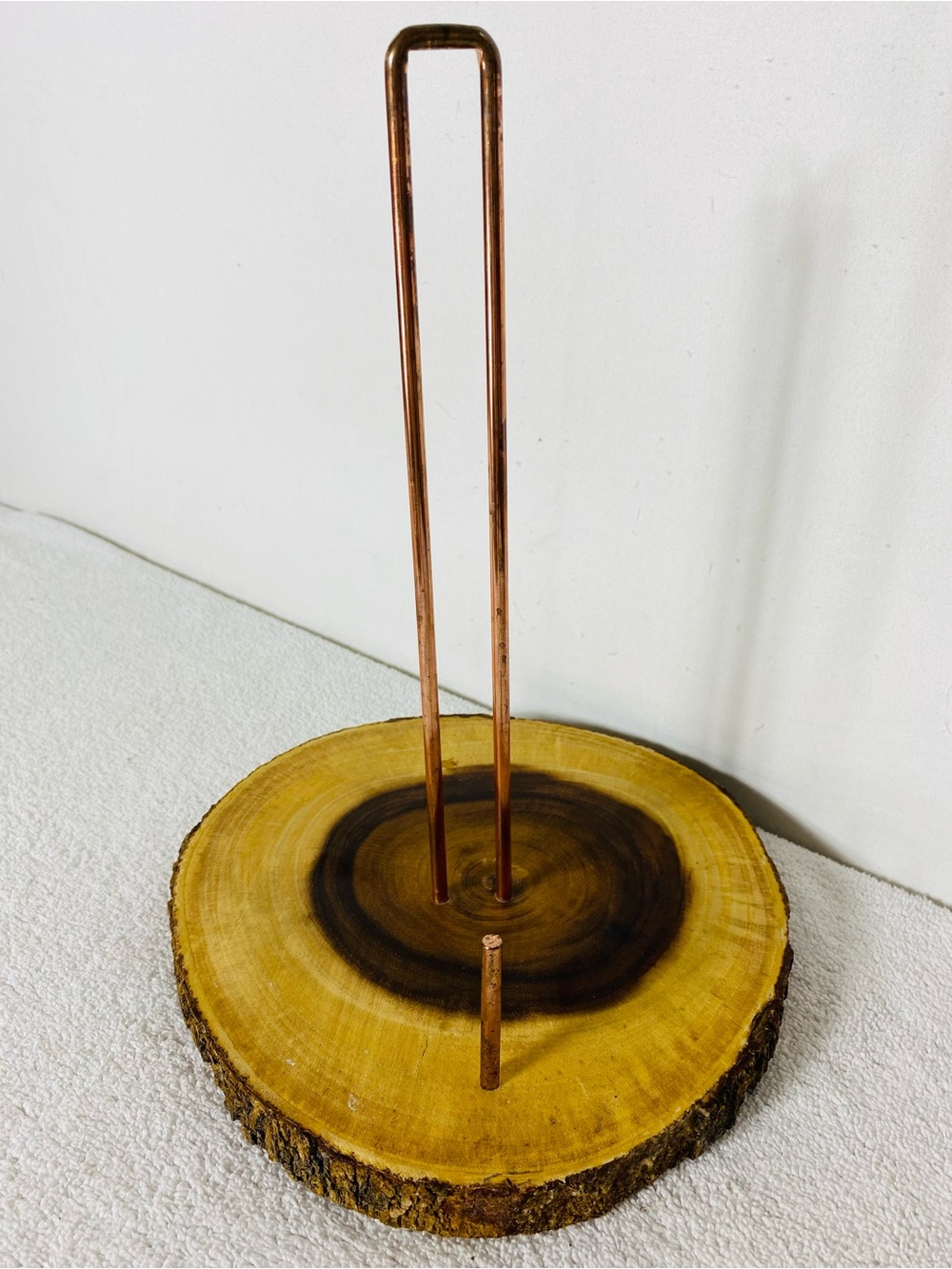 Artisan Copper Industrial Rustic Live Edge Wood Slice Paper Towel Stand Cabin